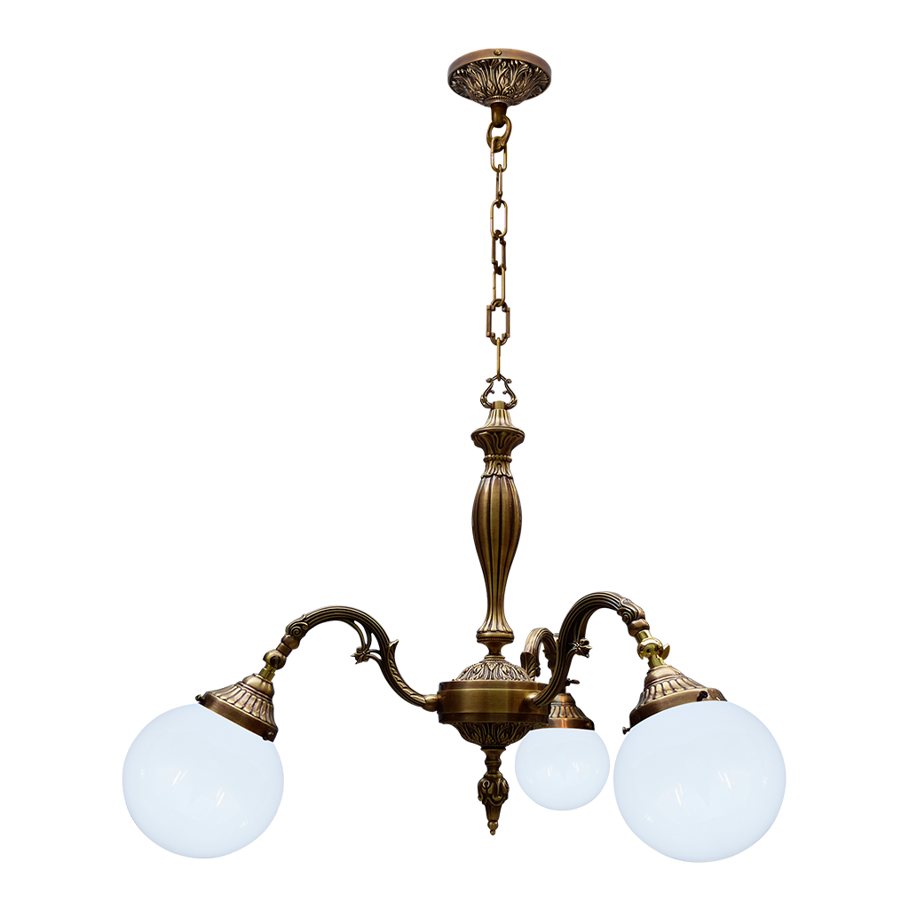 CHANDELIER MILAZZO II IN BRIGHT PATINA WITH ROUND GLASSES