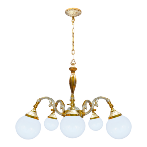 CHANDELIER MILAZZO III IN BRIGHT GOLD WITH WHITE PATINA WITH ROUND GLASSES