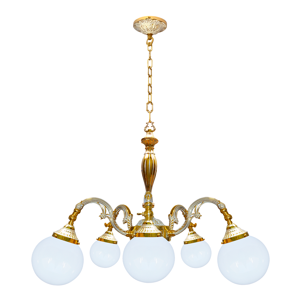 CHANDELIER MILAZZO III IN BRIGHT GOLD WITH WHITE PATINA WITH ROUND GLASSES