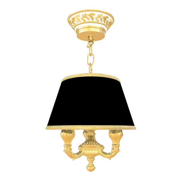 CHANDELIER IN GOLD WITH WHITE PATINA AND BLACK LAMP SHADE