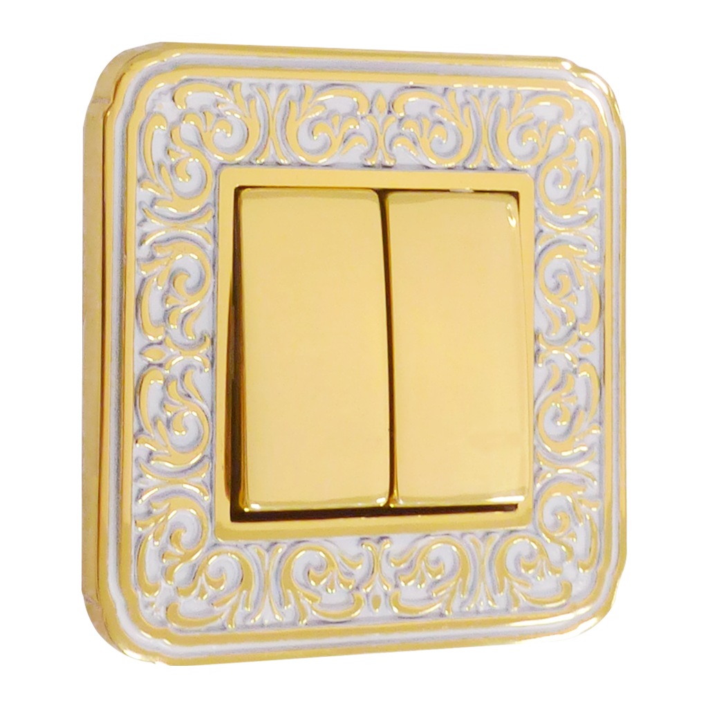 EMPORIO FRAME DOUBLE PUSH-BUTTON SWITCH IN BRIGHT GOLD WITH WHITE PATINA