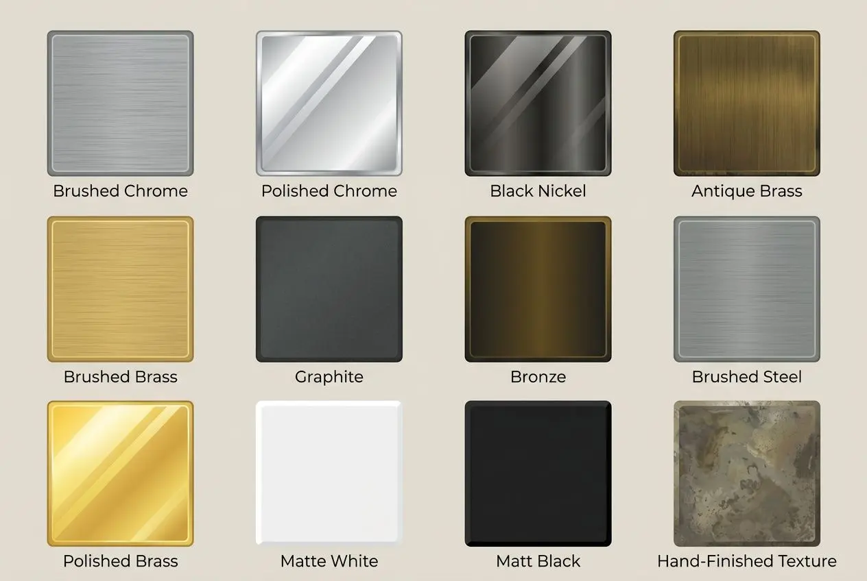 Array of square switch plates in various finishes including Brushed Chrome, Polished Chrome, Black Nickel, Antique Brass, and more. what makes switches luxury quality visible through brass craftsmanship and premium textures.