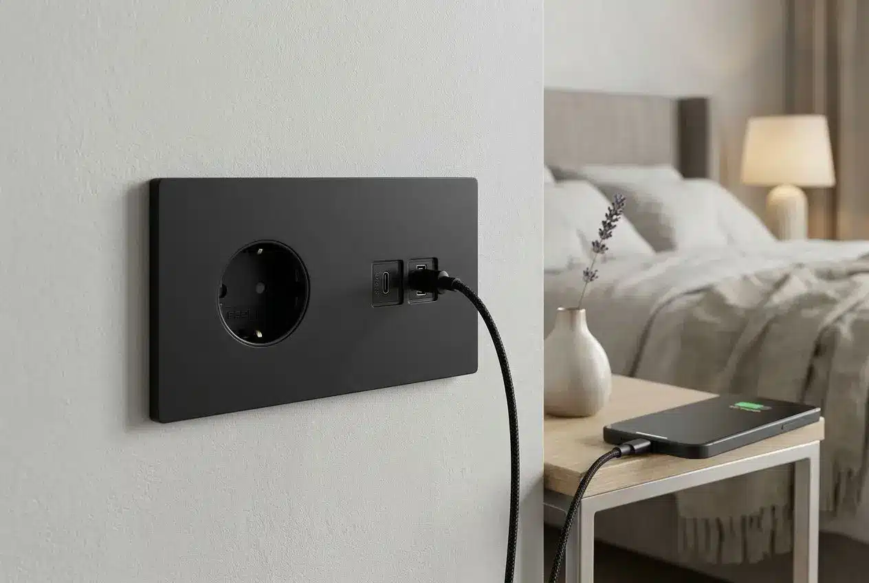 A black wall plate with a circular recessed socket and two USB ports, cord plugged in, in a modern bedroom setting.