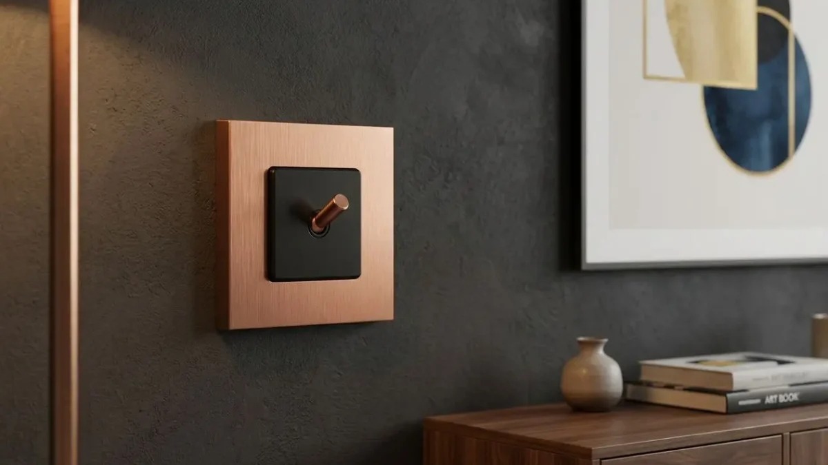 Brass light switches and sockets: a square brass plate with a black inset and a small lever switch on a dark wall.