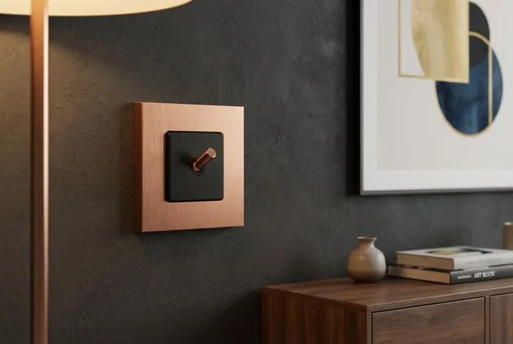 Brass light switches and sockets: a square brass plate with a black inset and a small lever switch on a dark wall.