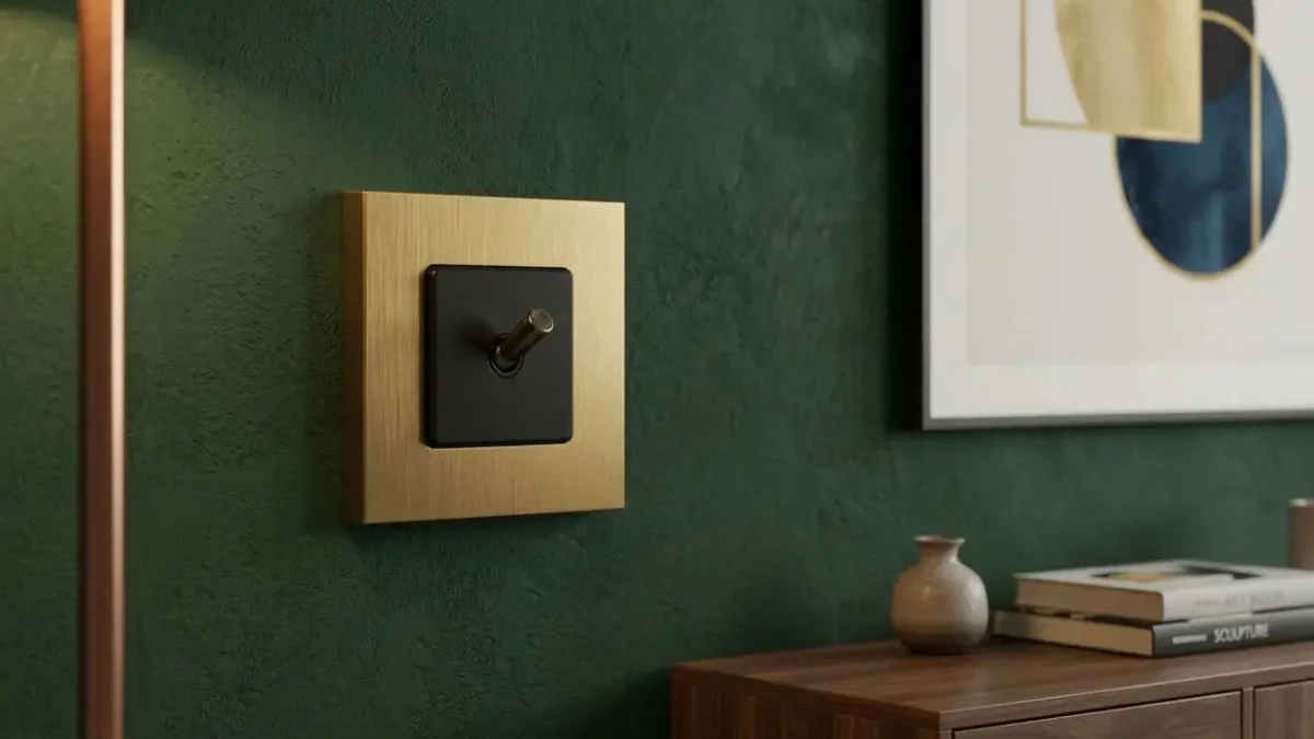 Brushed brass light switches uk: a square brass wall plate with a black toggle switch mounted on a dark green wall, next to a wooden cabinet.