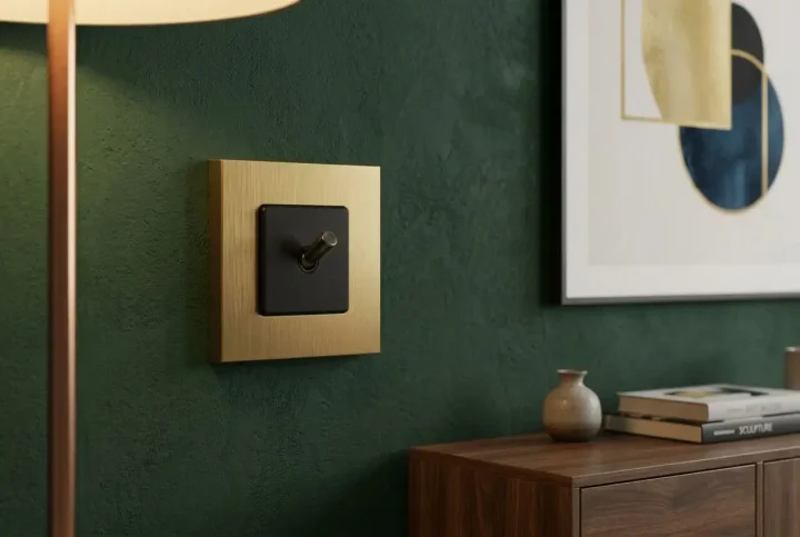 Brushed brass light switches uk: a square brass wall plate with a black toggle switch mounted on a dark green wall, next to a wooden cabinet.
