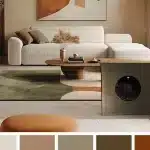 Living room with a white curved sofa, circular wooden coffee table, and a decorative brushed brass switch. The scene features warm neutral tones and a color swatch strip.