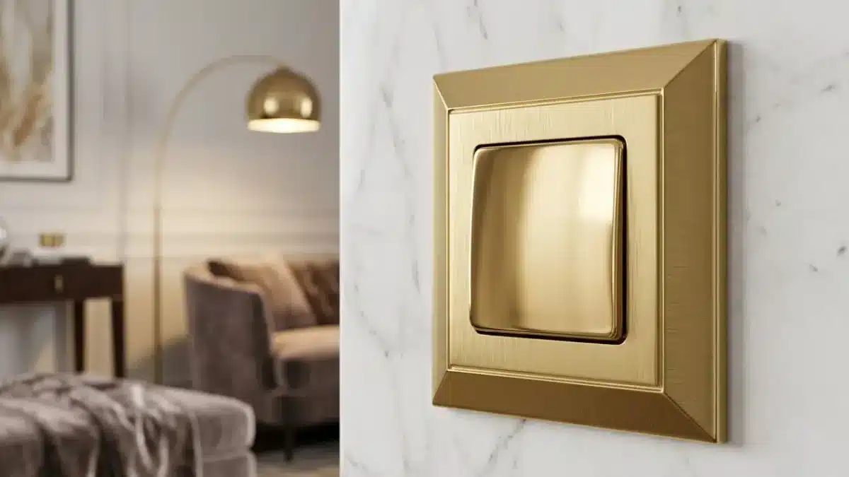 Luxury gold light switch on marble wall, hinting at what makes switches luxury quality with brass craftsmanship and premium design.