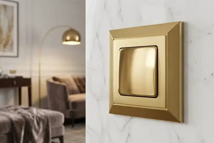 Luxury gold light switch on marble wall, hinting at what makes switches luxury quality with brass craftsmanship and premium design.