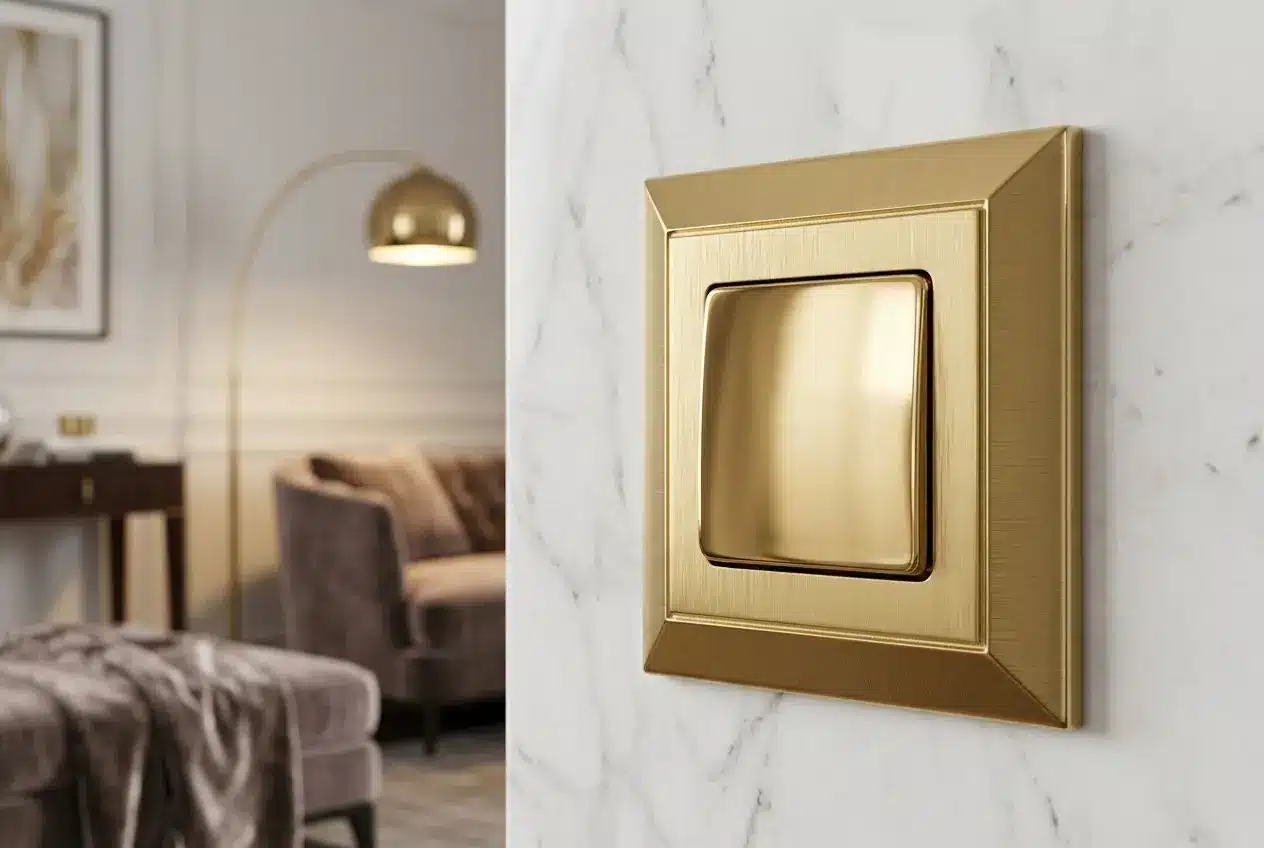 Luxury gold light switch on marble wall, hinting at what makes switches luxury quality with brass craftsmanship and premium design.