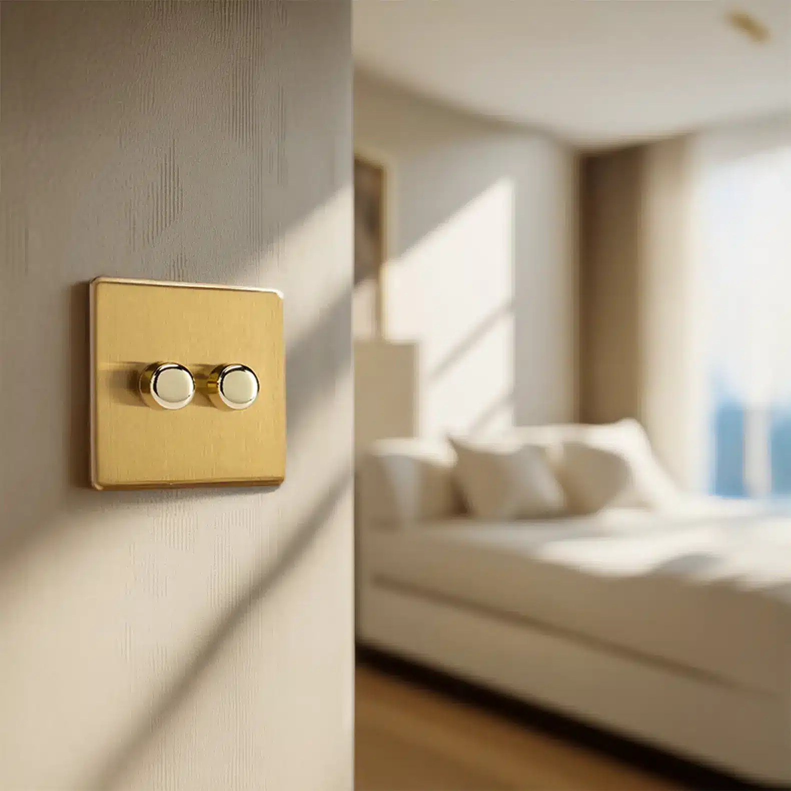 Brass double switch plate with two round white toggle buttons on a wall in a sunlit, modern living room. Brass double switch plate with two round white toggle buttons on a wall in a sunlit, modern living room.