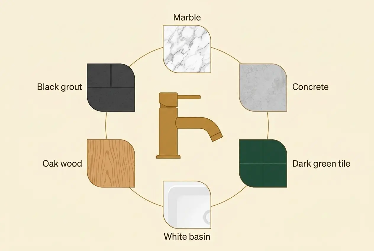 Brushed brass bathroom faucet at centre with circular swatches around: marble, concrete, dark green tile, white basin, oak wood, black grout.