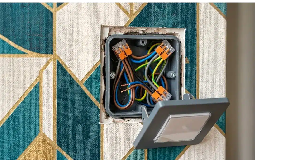 Electrical light switch box with exposed wiring and a tilted, open faceplate mounted in a geometric-patterned wall.