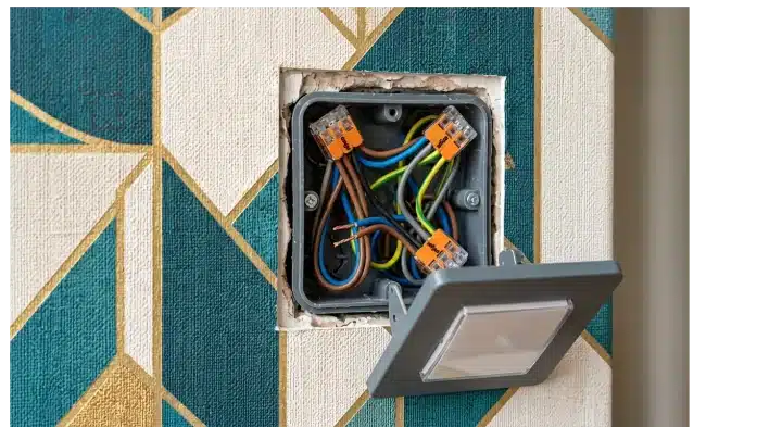 Electrical light switch box with exposed wiring and a tilted, open faceplate mounted in a geometric-patterned wall.