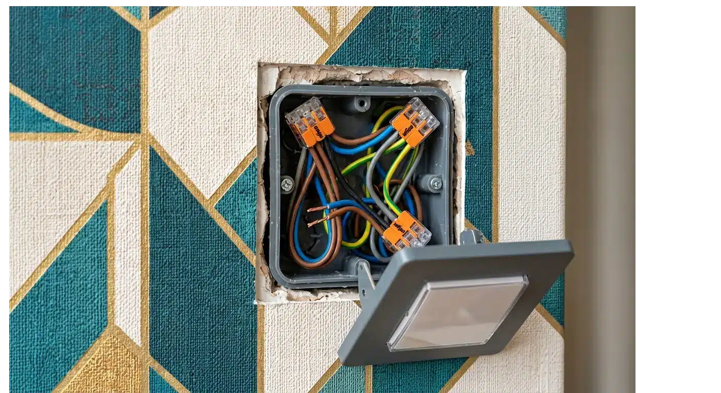 Electrical light switch box with exposed wiring and a tilted, open faceplate mounted in a geometric-patterned wall. Electrical light switch box with exposed wiring and a tilted, open faceplate mounted in a geometric-patterned wall.