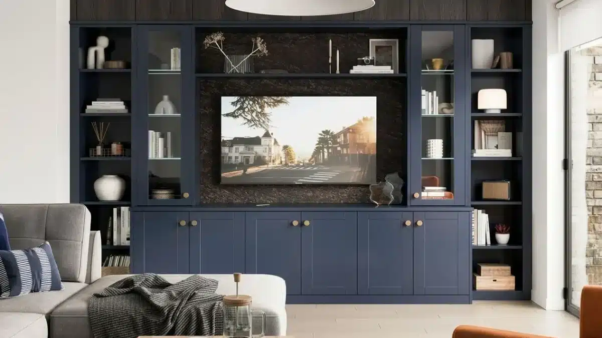 Living room with a dark blue built-in media unit and shelves around a wall-mounted TV, neatly concealing sockets; stylish décor and a cosy seating area. how to hide plug sockets in living room