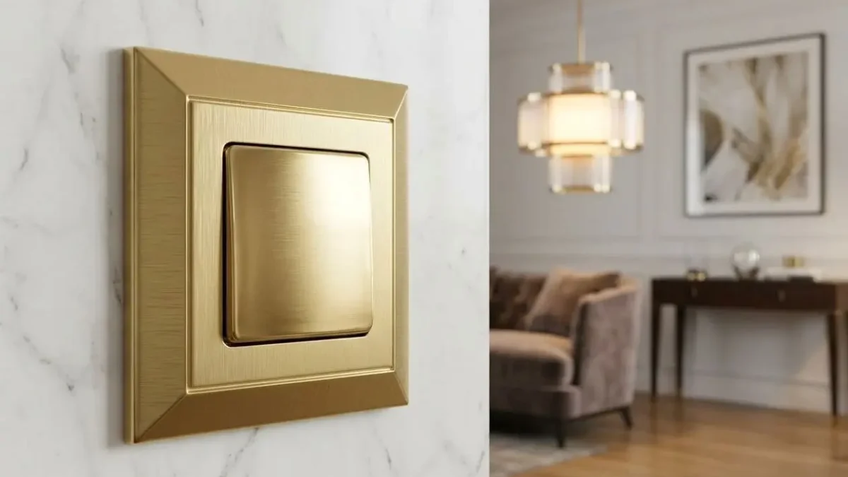 Luxury interior switches design: gold-toned wall light switch near a marble wall, with a stylish living room in the background.