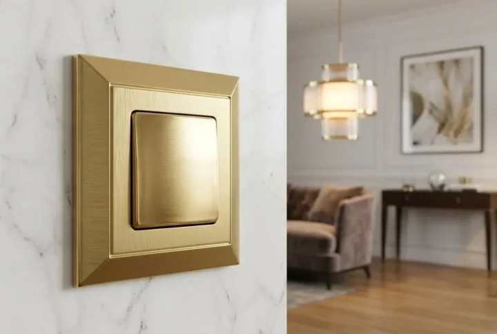 Luxury interior switches design: gold-toned wall light switch near a marble wall, with a stylish living room in the background.