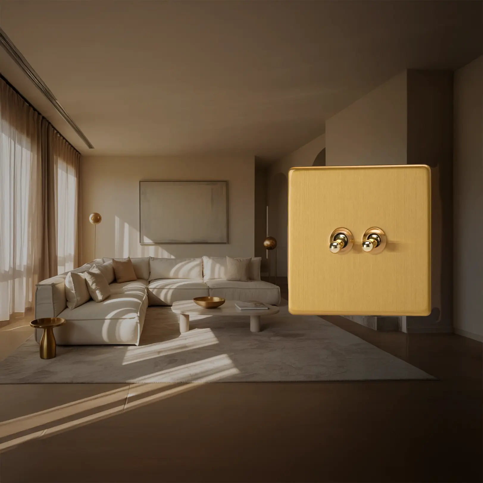 Square brass light switch plate with two round knobs, set in a modern living room. The space features a cream sectional sofa, large windows, and soft natural light. Square brass light switch plate with two round knobs, set in a modern living room. The space features a cream sectional sofa, large windows, and soft natural light.