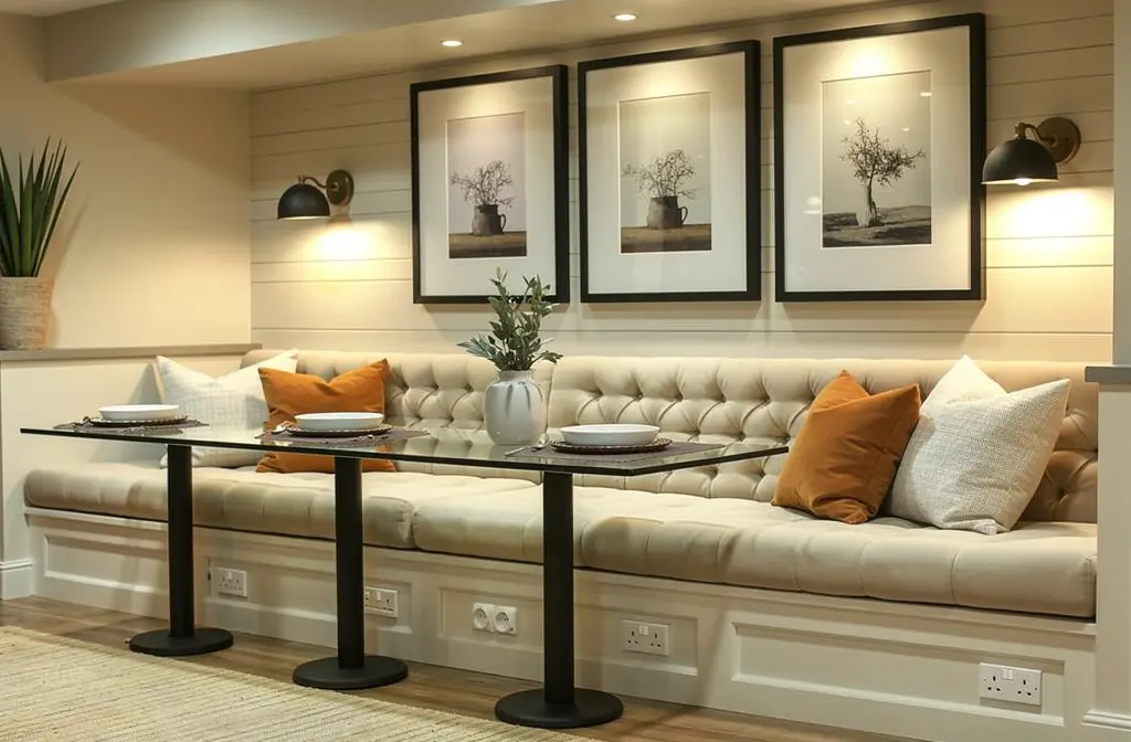 A stylish living room with a long beige tufted bench, black round-legged table, and framed black-and-white art; cushions in orange and white, potted plant, wall lights, and built-in sockets along the baseboard. How to hide plug sockets in living room is reflected subtly in the decor.