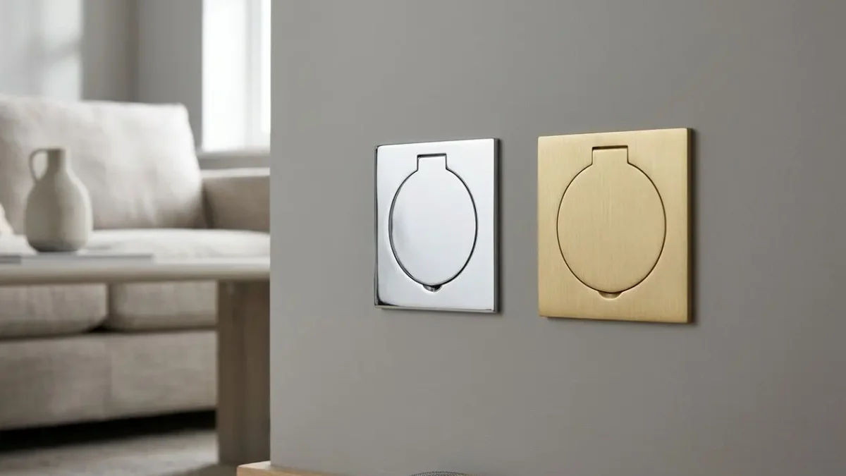 Two wall-mounted recessed socket plates: one silver chrome and one brass, both with circular covers, on a grey wall above a wooden surface.