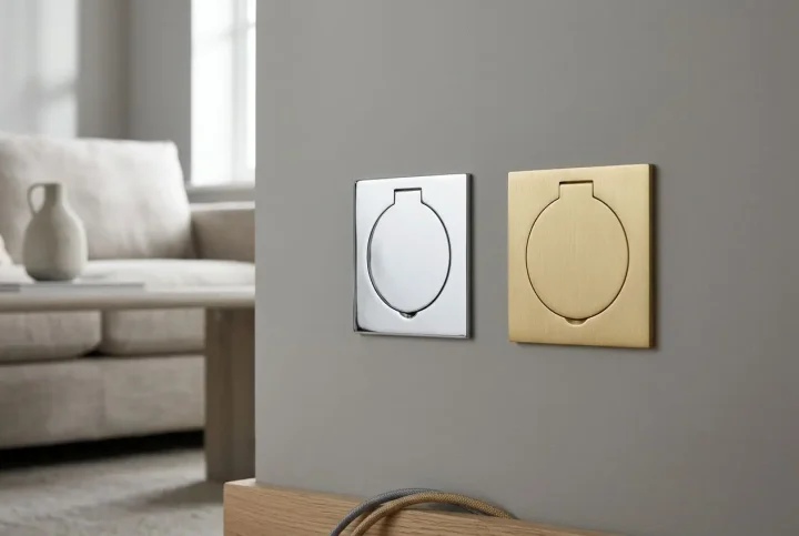 Two wall-mounted recessed socket plates: one silver chrome and one brass, both with circular covers, on a grey wall above a wooden surface.