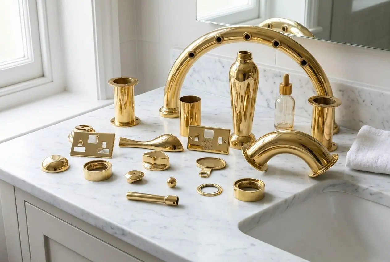 Various disassembled gold-toned taps and fittings laid out on a marble bathroom countertop, with the curved gold faucet arch in the background. Includes small parts, screws, and brass components. Difference between chrome and brass taps integrated: Chrome vs brushed brass taps: key differences explained.