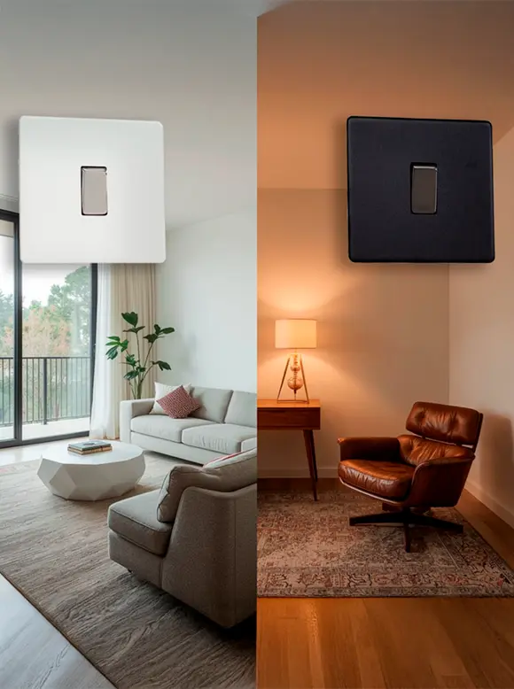 White square wall switch on light-coloured living room wall, and a dark square switch on a warmer-toned wall in a cosy seating area. White square wall switch on light-coloured living room wall, and a dark square switch on a warmer-toned wall in a cosy seating area.